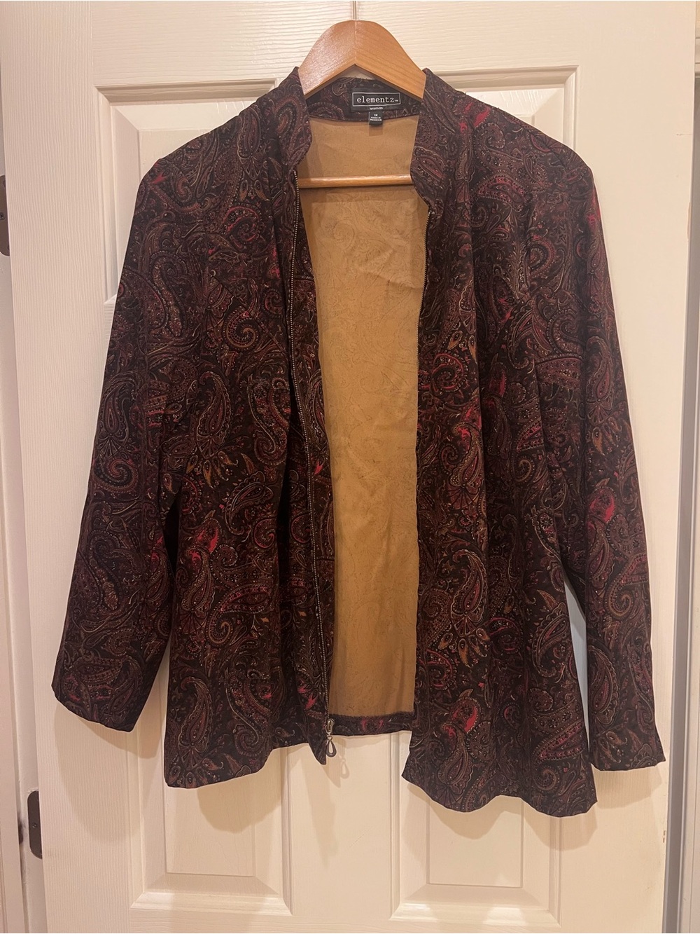 Vintage Paisley Open-Front Jacket in Dark Brown with Red Accents